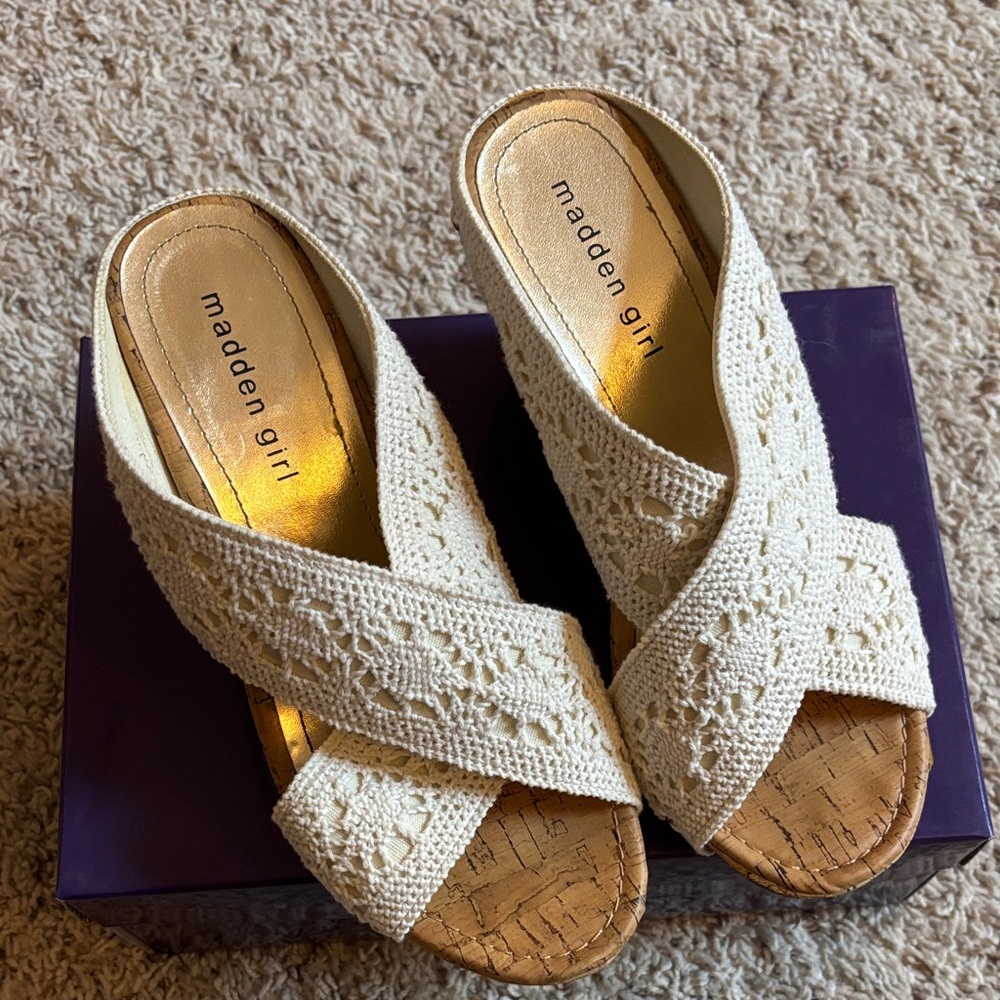Madden Girl Cream Crochet Mules